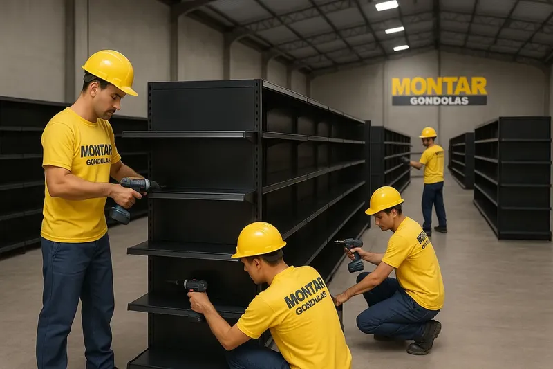 Equipe instalando gôndolas
